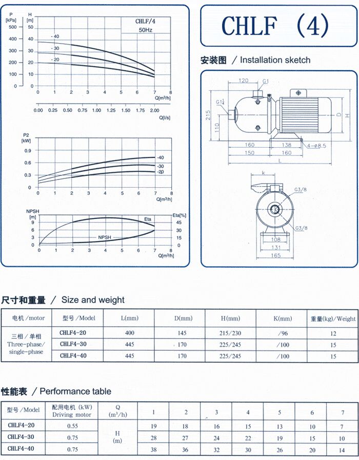 CHLF輕型立式不銹鋼多級離心泵安裝圖、尺寸、性能