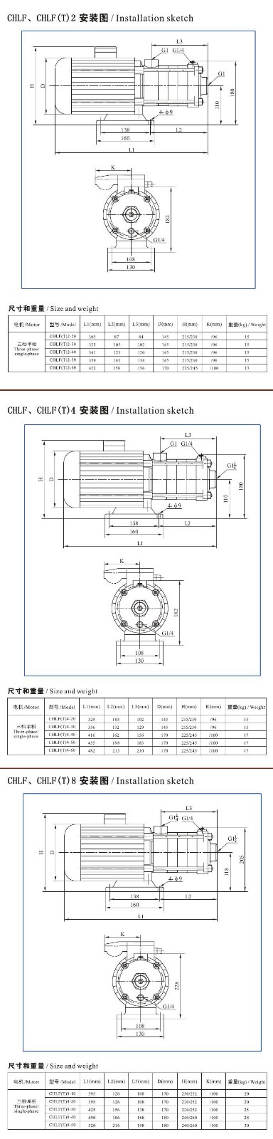 CHLF(T)輕型不銹鋼多級離心泵安裝圖、尺寸及重量