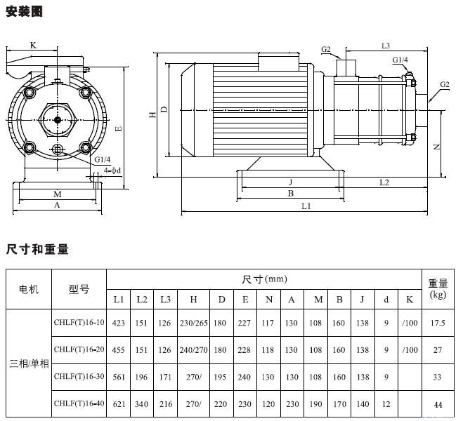 不銹鋼多級離心泵安裝圖、尺寸及重量