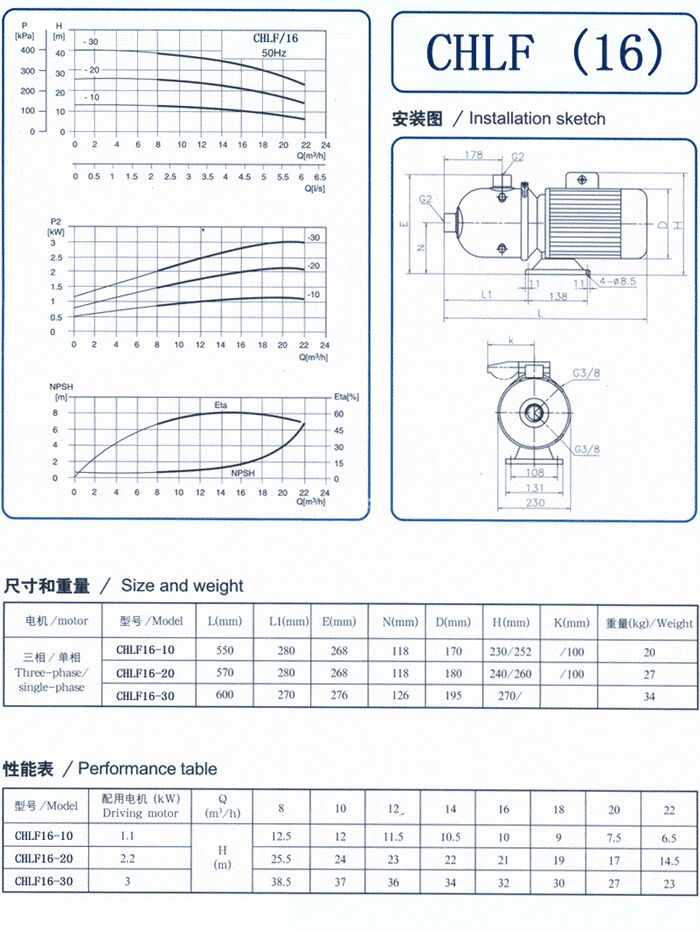 CHLF輕型不銹鋼多級(jí)離心泵尺寸和重量、性能表